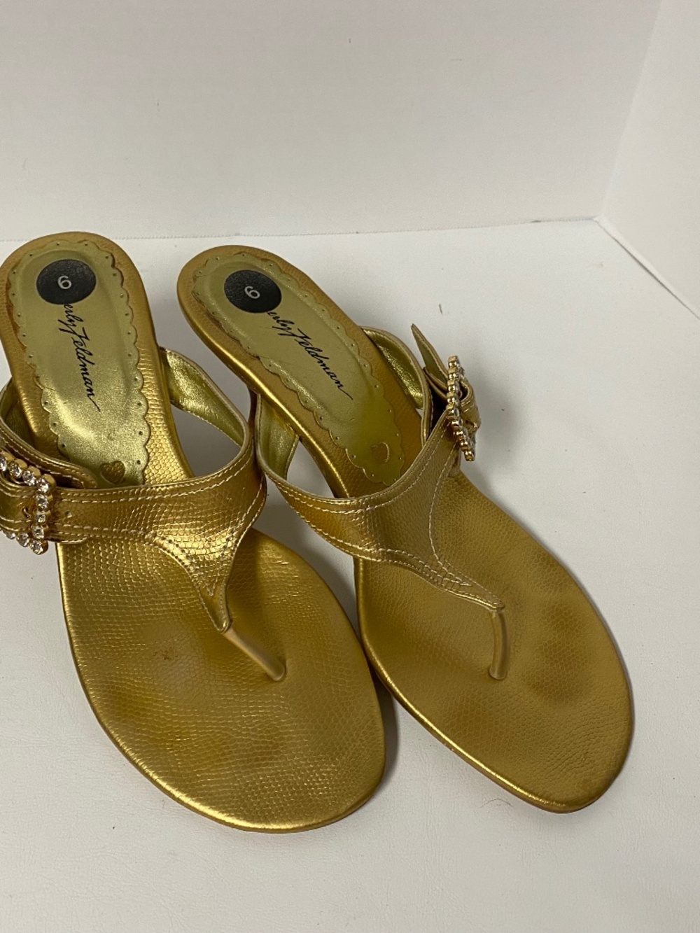 Vintage Beverly Feldman Size 9 • Gold Embellished Sandals • Kitten Heel